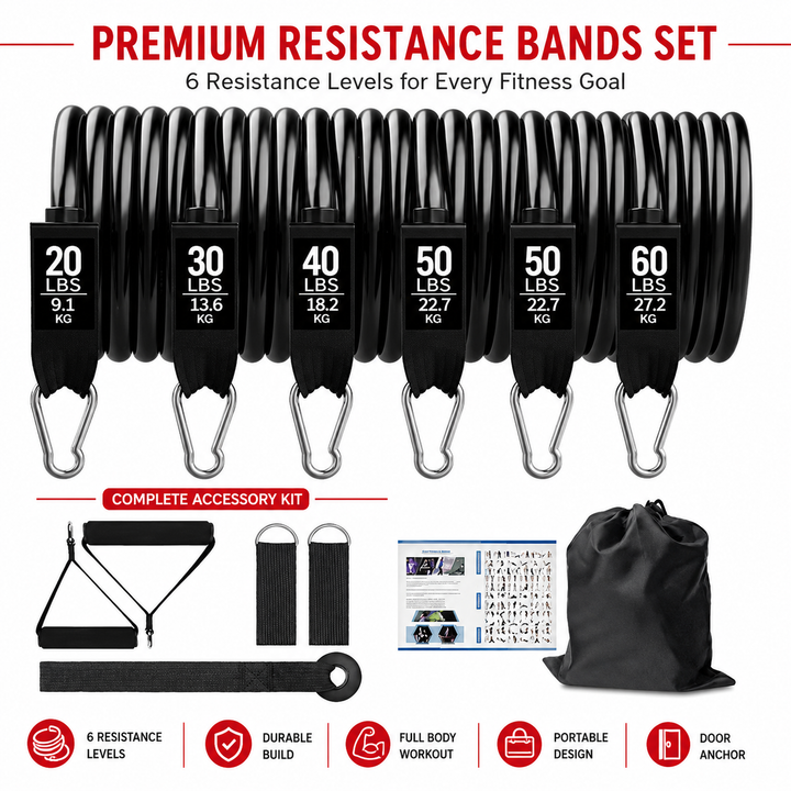 Premium Resistance Band Set 5 Tube Fitness Bands Up to 150 lbs Full Body Workout Handles Ankle Straps Door Anchor Strength Training Home Gym Exercise Kit