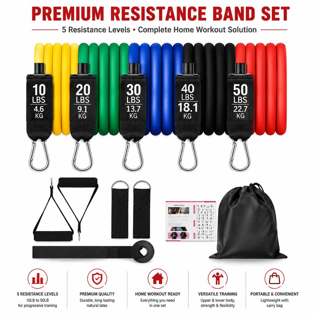 Premium Resistance Band Set 5 Tube Fitness Bands Up to 150 lbs Full Body Workout Handles Ankle Straps Door Anchor Strength Training Home Gym Exercise Kit
