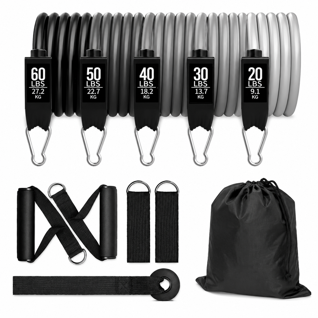 Premium Resistance Band Set 5 Tube Fitness Bands Up to 150 lbs Full Body Workout Handles Ankle Straps Door Anchor Strength Training Home Gym Exercise Kit
