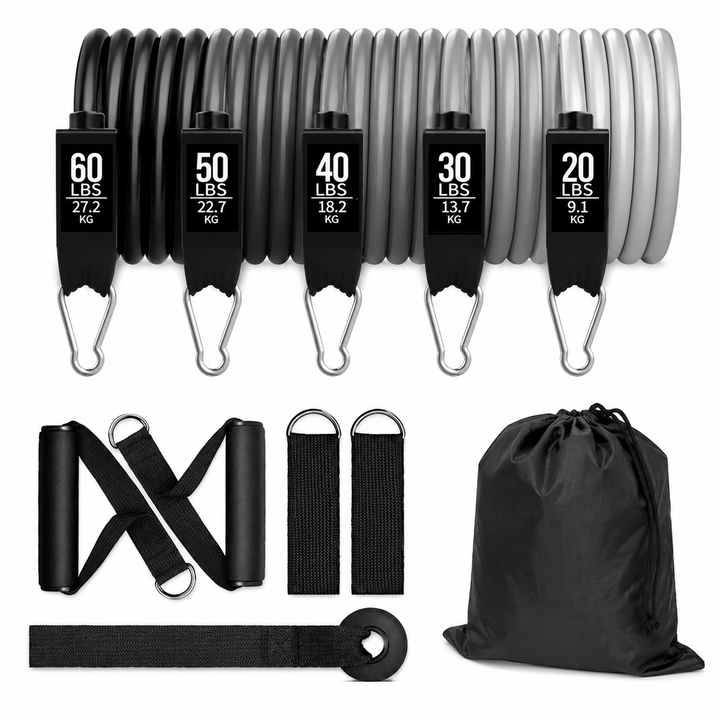 Premium Resistance Band Set 5 Tube Fitness Bands Up to 150 lbs Full Body Workout Handles Ankle Straps Door Anchor Strength Training Home Gym Exercise Kit