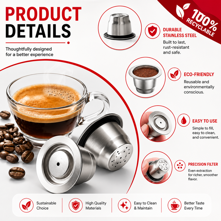 Premium Reusable Stainless Steel Coffee Pods for Nespresso OriginalLine Refillable Espresso Capsules Eco Friendly Dishwasher Safe Crema Coffee Filters