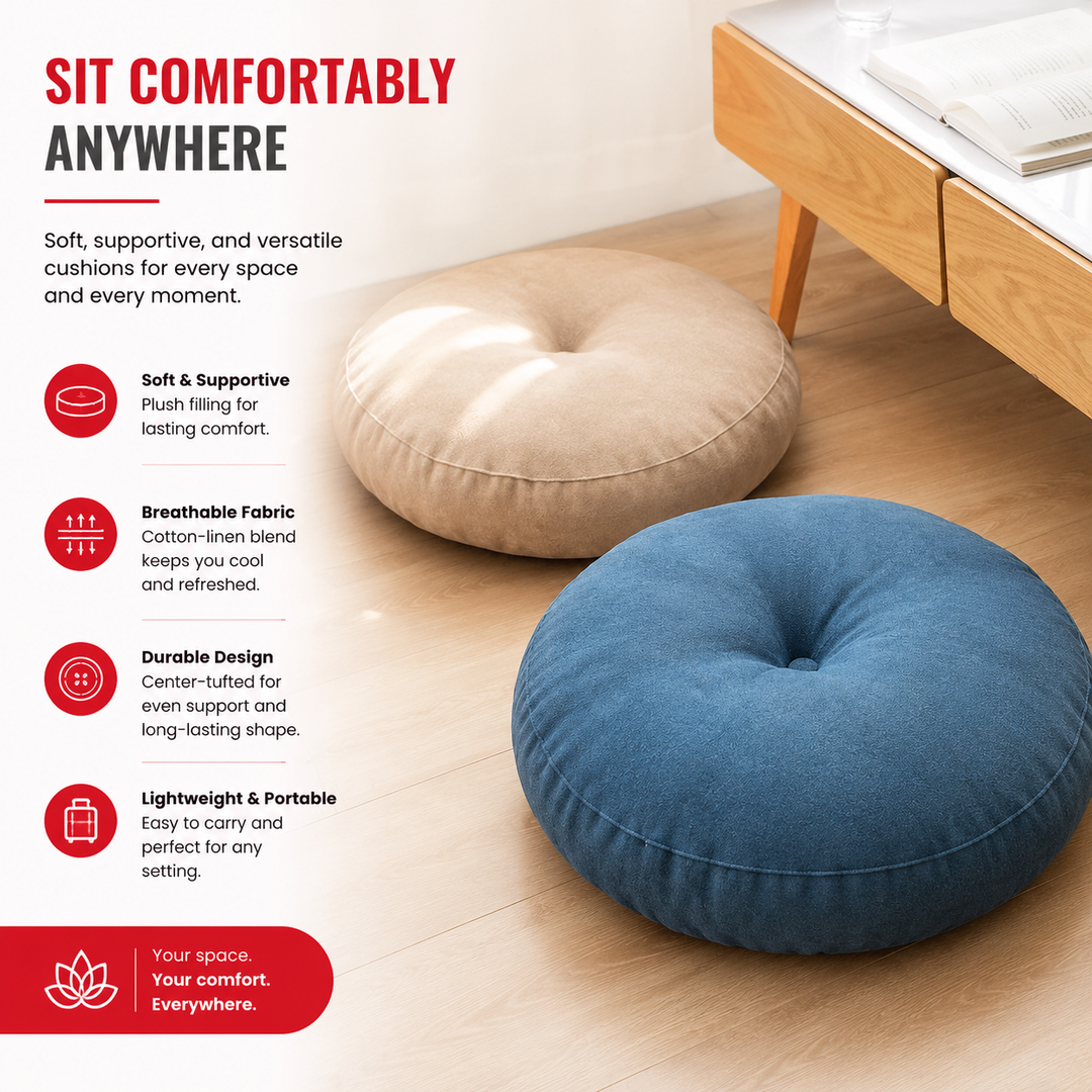 Premium Round Floor Seat Cushion Soft Tatami Meditation Yoga Pad Breathable Cotton Linen Comfortable Sitting Long Hours Living Room Office Travel Use
