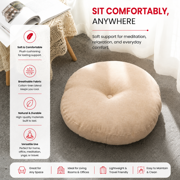 Premium Round Floor Seat Cushion Soft Tatami Meditation Yoga Pad Breathable Cotton Linen Comfortable Sitting Long Hours Living Room Office Travel Use