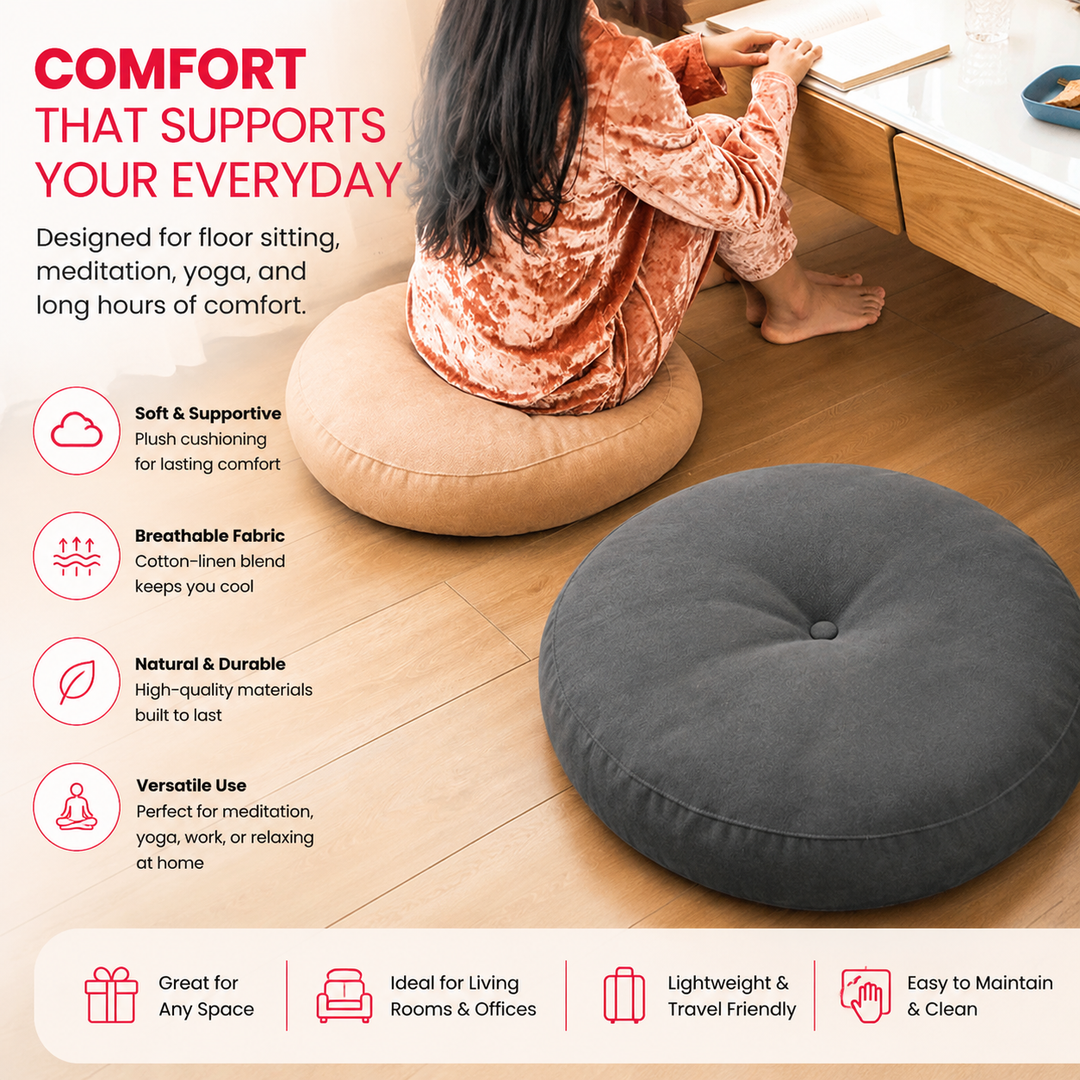 Premium Round Floor Seat Cushion Soft Tatami Meditation Yoga Pad Breathable Cotton Linen Comfortable Sitting Long Hours Living Room Office Travel Use