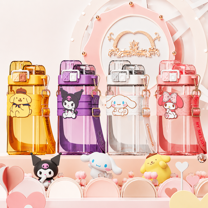 Premium Sanrio Cartoon Water Bottle 520ML Double Drink Cup Melody Kuromi Cinnamoroll Onpompurin Cute Student Plastic Leak Resistant Bottle