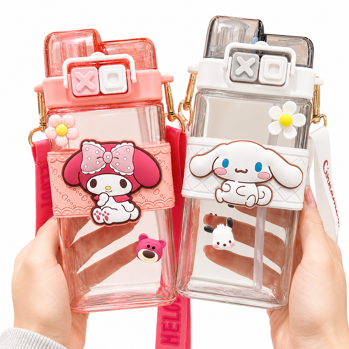 Premium Sanrio Cartoon Water Bottle 520ML Double Drink Cup Melody Kuromi Cinnamoroll Onpompurin Cute Student Plastic Leak Resistant Bottle