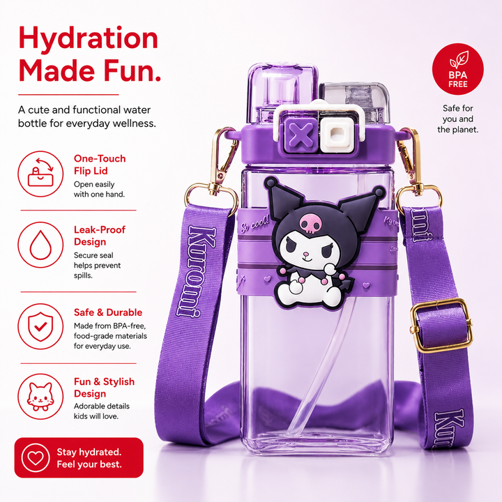 Premium Sanrio Cartoon Water Bottle 520ML Double Drink Cup Melody Kuromi Cinnamoroll Onpompurin Cute Student Plastic Leak Resistant Bottle