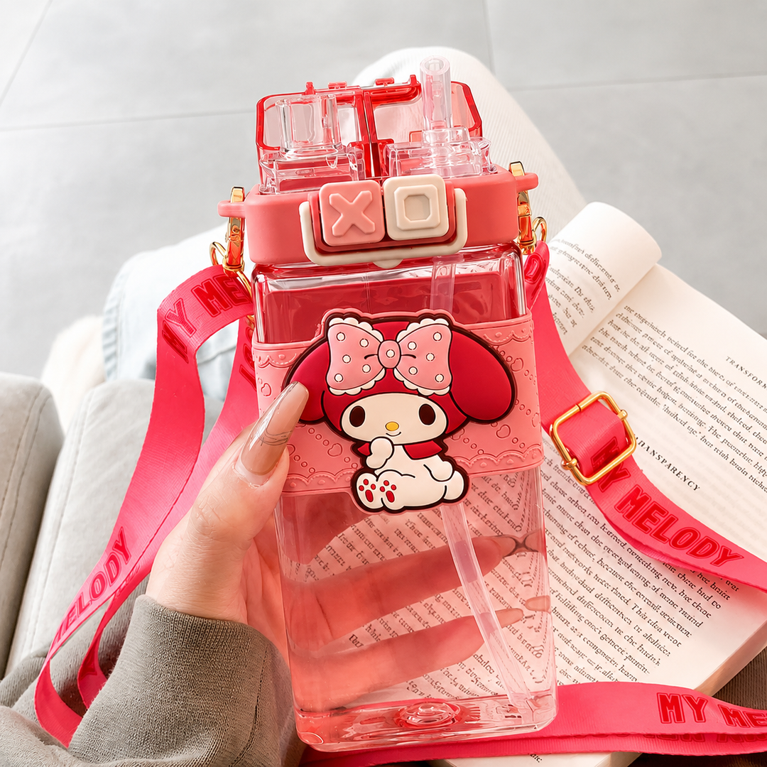 Premium Sanrio Cartoon Water Bottle 520ML Double Drink Cup Melody Kuromi Cinnamoroll Onpompurin Cute Student Plastic Leak Resistant Bottle