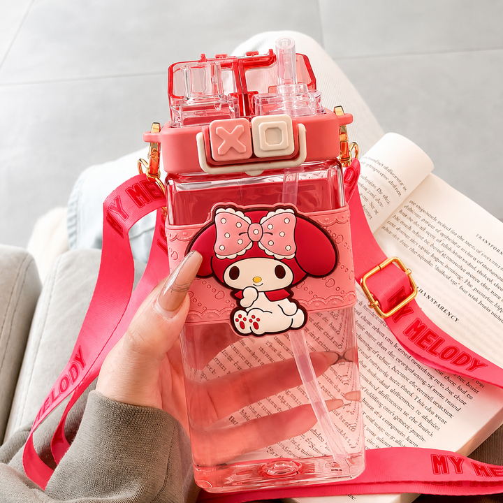 Premium Sanrio Cartoon Water Bottle 520ML Double Drink Cup Melody Kuromi Cinnamoroll Onpompurin Cute Student Plastic Leak Resistant Bottle