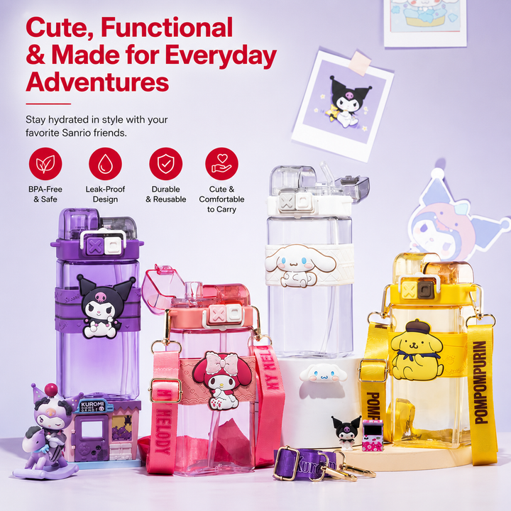 Premium Sanrio Cartoon Water Bottle 520ML Double Drink Cup Melody Kuromi Cinnamoroll Onpompurin Cute Student Plastic Leak Resistant Bottle