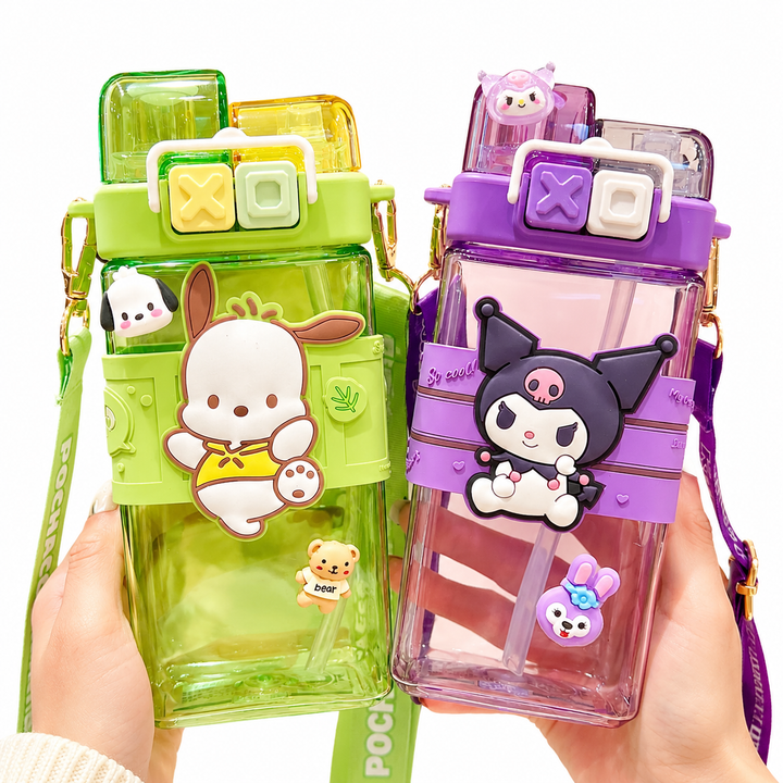 Premium Sanrio Cartoon Water Bottle 520ML Double Drink Cup Melody Kuromi Cinnamoroll Onpompurin Cute Student Plastic Leak Resistant Bottle