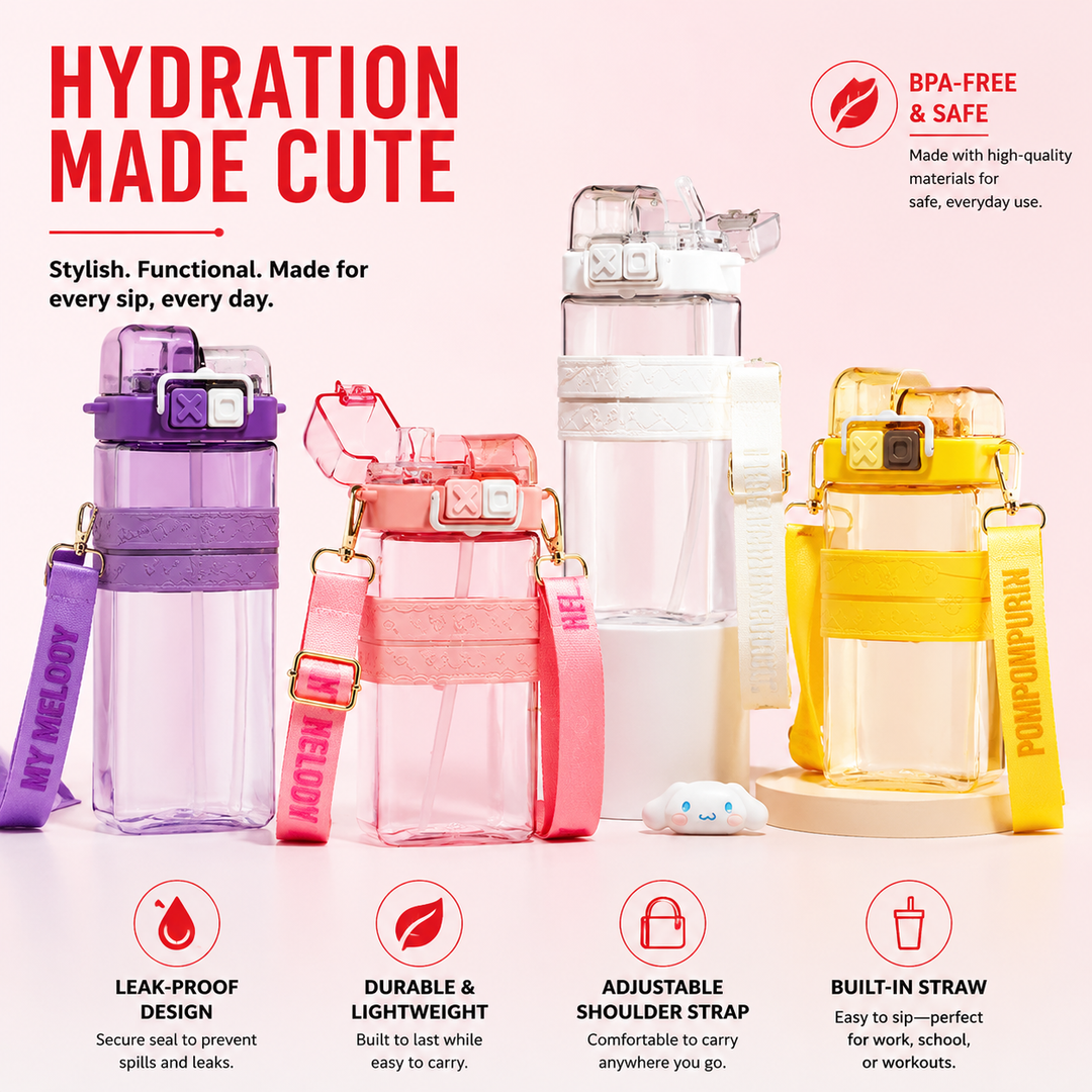 Premium Sanrio Cartoon Water Bottle 520ml Double Drink Cup Cute Character Bottle Melody Kuromi Cinnamoroll Student Leak Proof Travel Bottle