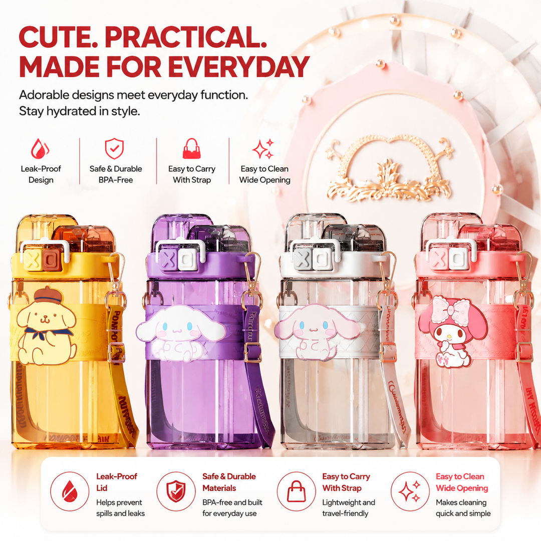 Premium Sanrio Cartoon Water Bottle 520ml Double Drink Cup Cute Character Bottle Melody Kuromi Cinnamoroll Student Leak Proof Travel Bottle