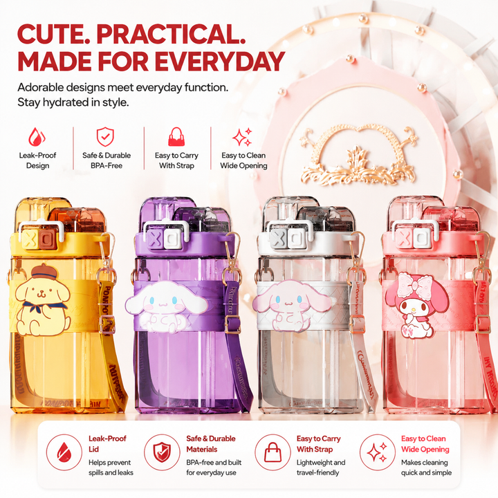 Premium Sanrio Cartoon Water Bottle 520ml Double Drink Cup Cute Character Bottle Melody Kuromi Cinnamoroll Student Leak Proof Travel Bottle