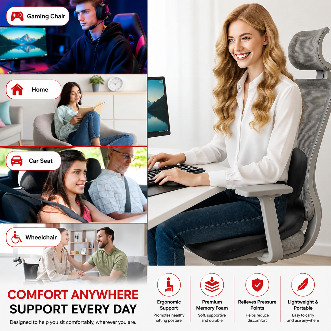 Premium Seat Cushion with Back Support Memory Foam Ergonomic Office Chair Cushion Lumbar Support Posture Correction Tailbone Relief Cushion for Office Car Home Use