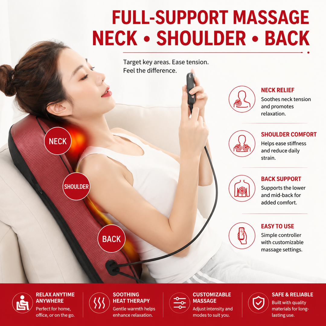 Premium Shiatsu Neck Back Massager Pillow Electric Cushion Infrared Heat 18 Rollers 3 Speed Kneading Portable for Home Office Car Travel Daily Use