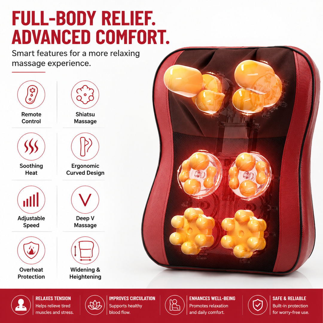 Premium Shiatsu Neck Back Massager Pillow Electric Cushion Infrared Heat 18 Rollers 3 Speed Kneading Portable for Home Office Car Travel Daily Use