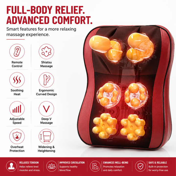 Premium Shiatsu Neck Back Massager Pillow Electric Cushion Infrared Heat 18 Rollers 3 Speed Kneading Portable for Home Office Car Travel Daily Use