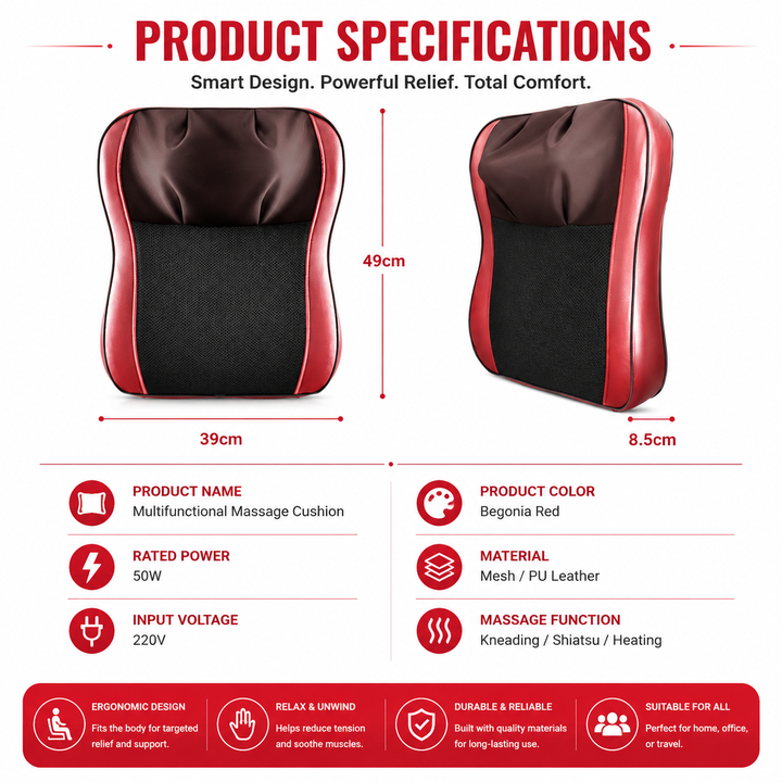 Premium Shiatsu Neck Back Massager Pillow Electric Cushion Infrared Heat 18 Rollers 3 Speed Kneading Portable for Home Office Car Travel Daily Use