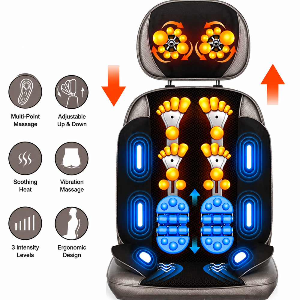 Premium Shiatsu Neck Back Massager Pillow Electric Cushion Infrared Heat 18 Rollers 3 Speed Kneading Portable for Home Office Car Travel Daily Use