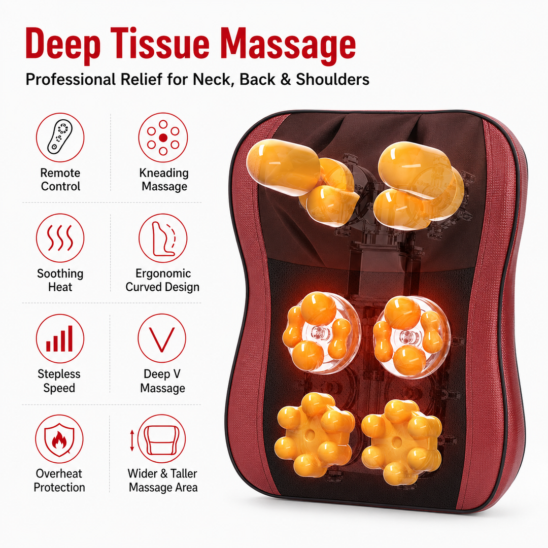 Premium Shiatsu Neck Back Massager Pillow Electric Massage Cushion Infrared Heat Deep Kneading 3 Speed Adjustable Car Home Use Relaxation Device