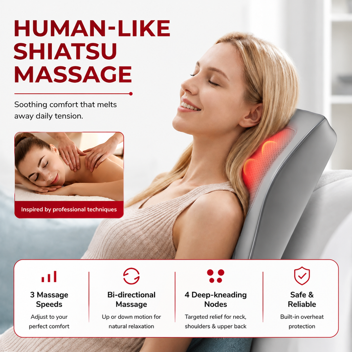 Premium Shiatsu Neck and Back Massager Electric 3D Kneading Massage Pillow for Neck Back Lumbar Pain Relief Home Office Portable Relaxation Device