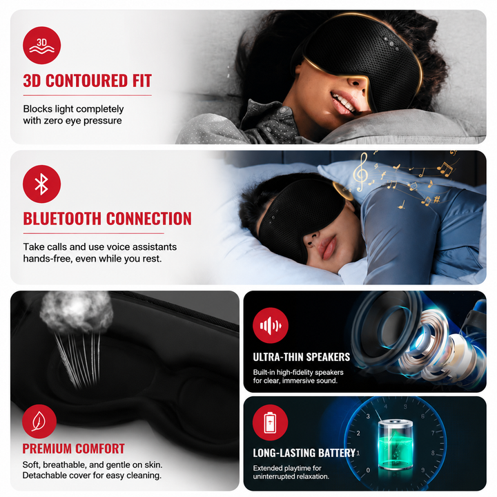Premium Sleep Headphones Eye Mask Bluetooth 3D Blackout Sleeping Mask Wireless Audio Ultra Thin Speakers Adjustable Fit Travel Sleep Comfort