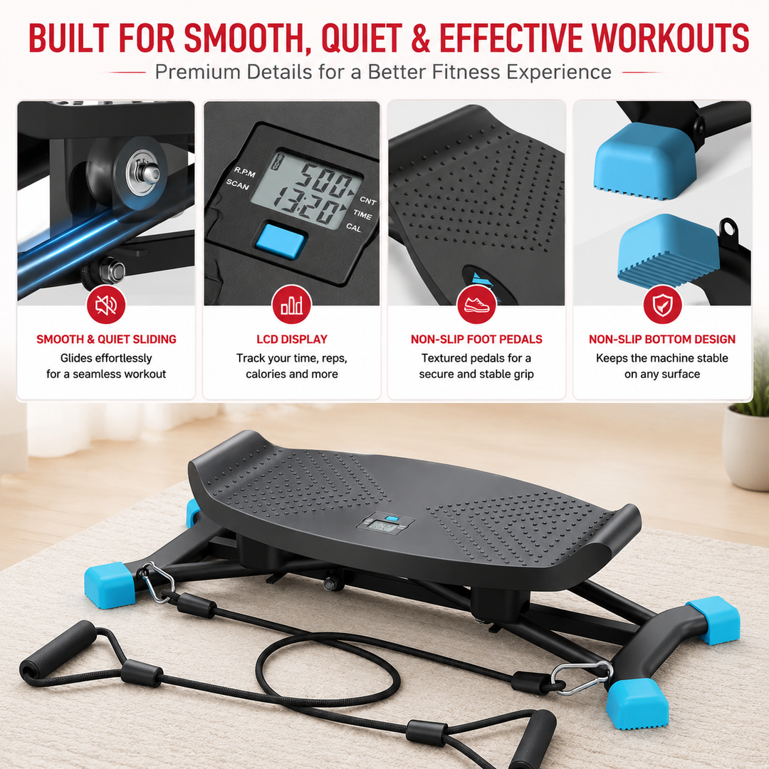 Premium Slide Stepper Ski Trainer Exercise Machine Side to Side Glider Home Cardio Balance Workout Machine Resistance Bands LCD 440 lb Capacity No Assembly