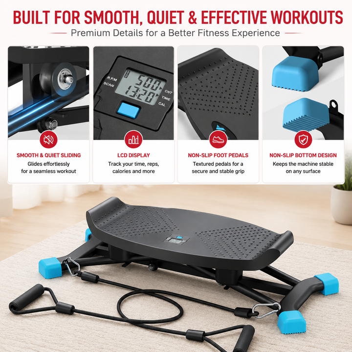 Premium Slide Stepper Ski Trainer Exercise Machine Side to Side Glider Home Cardio Balance Workout Machine Resistance Bands LCD 440 lb Capacity No Assembly