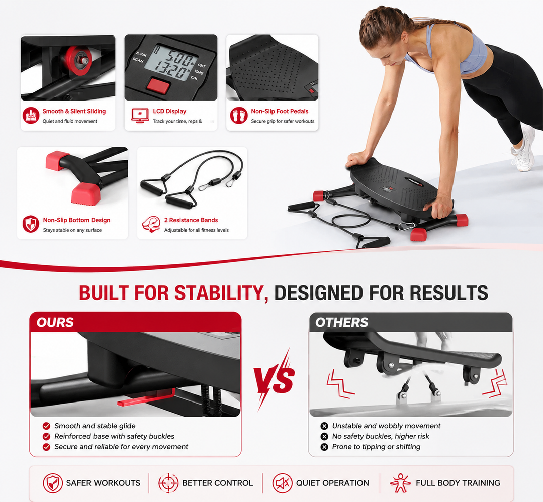 Premium Slide Stepper Ski Trainer Exercise Machine Side to Side Glider Home Cardio Balance Workout Machine Resistance Bands LCD 440 lb Capacity No Assembly