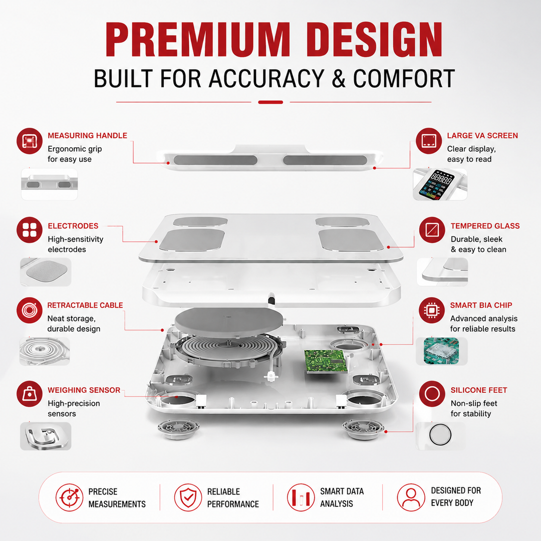 Premium Smart Body Composition Scale 8 Electrode BIA Digital Weight Scale Bluetooth App Connected BMI Body Fat Muscle Mass Water Tracking 180kg Capacity
