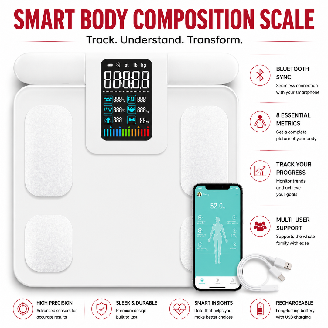 Premium Smart Body Composition Scale 8 Electrode BIA Digital Weight Scale Bluetooth App Connected BMI Body Fat Muscle Mass Water Tracking 180kg Capacity
