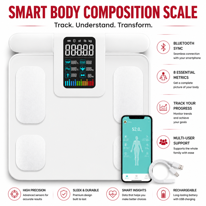 Premium Smart Body Composition Scale 8 Electrode BIA Digital Weight Scale Bluetooth App Connected BMI Body Fat Muscle Mass Water Tracking 180kg Capacity