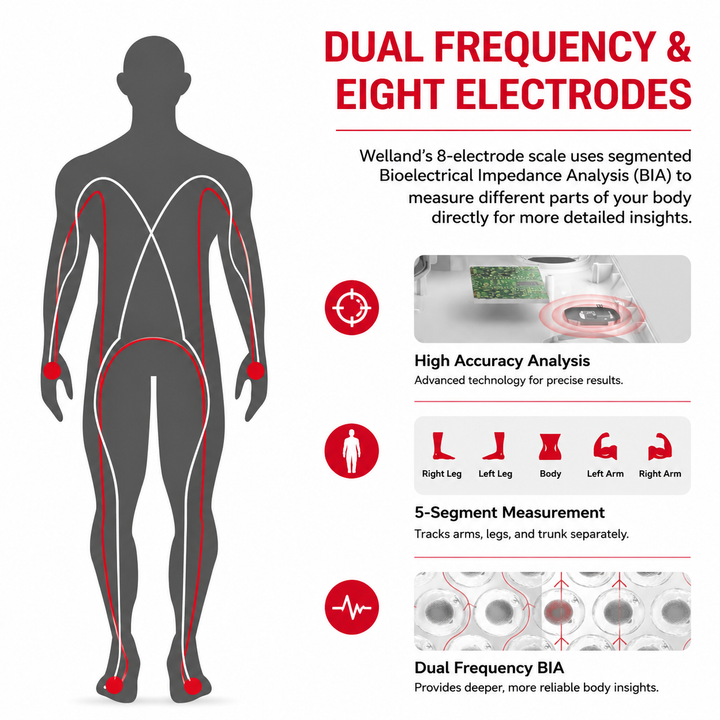 Premium Smart Body Composition Scale 8 Electrode BIA Digital Weight Scale Bluetooth App Connected BMI Body Fat Muscle Mass Water Tracking 180kg Capacity