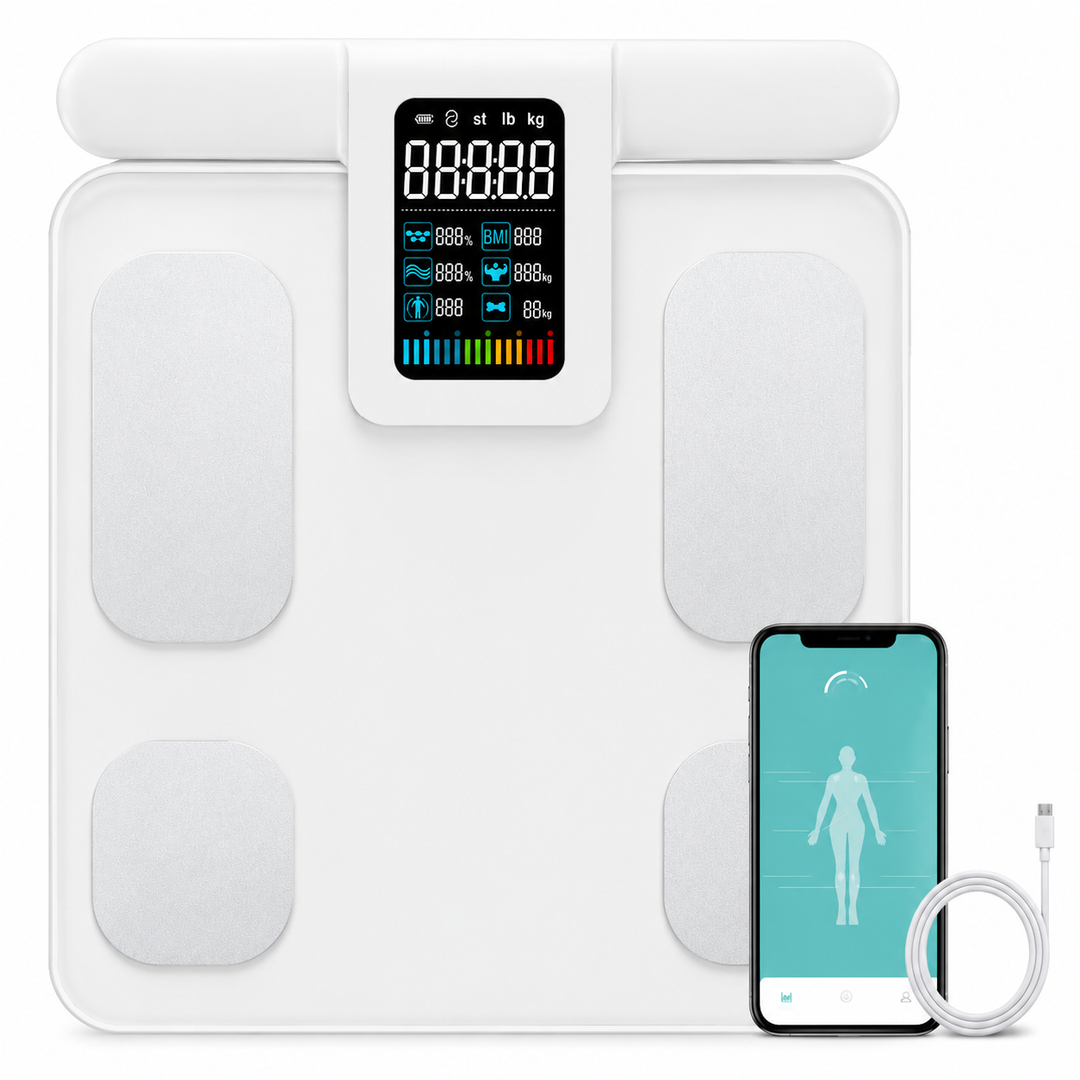 Premium Smart Body Composition Scale 8 Electrode BIA Digital Weight Scale Bluetooth App Connected BMI Body Fat Muscle Mass Water Tracking 180kg Capacity