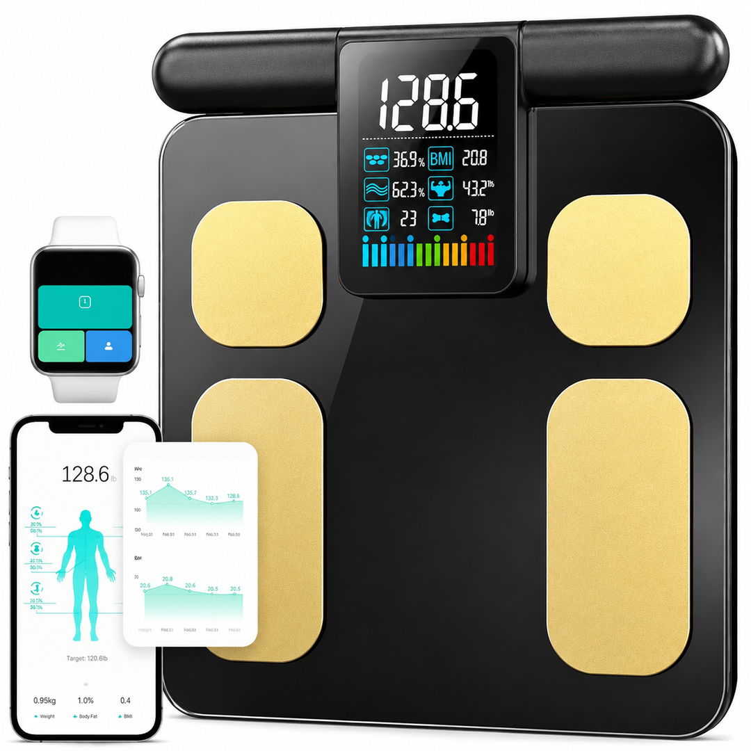 Premium Smart Body Composition Scale 8 Electrode BIA Digital Weight Scale Bluetooth App Connected BMI Body Fat Muscle Mass Water Tracking 180kg Capacity