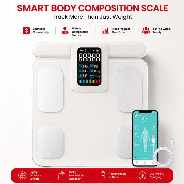 Premium Smart Body Composition Scale 8 Electrode Bioimpedance Body Fat Analyzer Digital Weight Scale BMI Muscle Water Bone Mass Smart App Bluetooth Home Use