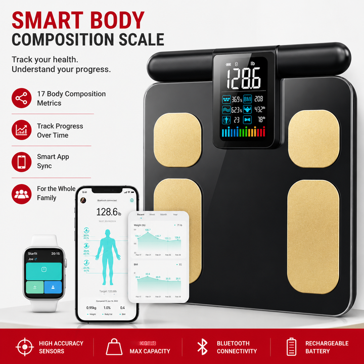 Premium Smart Body Composition Scale 8 Electrode Bioimpedance Body Fat Analyzer Digital Weight Scale BMI Muscle Water Bone Mass Smart App Bluetooth Home Use