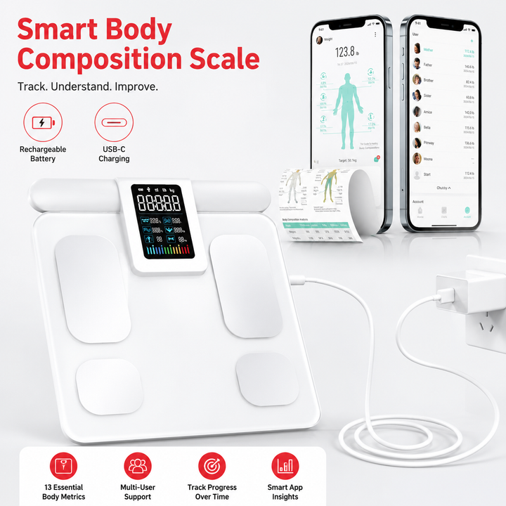 Premium Smart Body Composition Scale 8 Electrode Bioimpedance Digital Weight Scale Body Fat Muscle BMI Water Measurement Bluetooth App Home Fitness Tracker