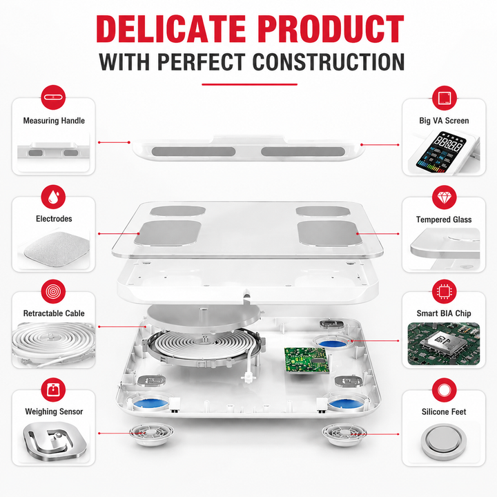 Premium Smart Body Composition Scale 8 Electrode Bioimpedance Digital Weight Scale Body Fat Muscle BMI Water Measurement Bluetooth App Home Fitness Tracker