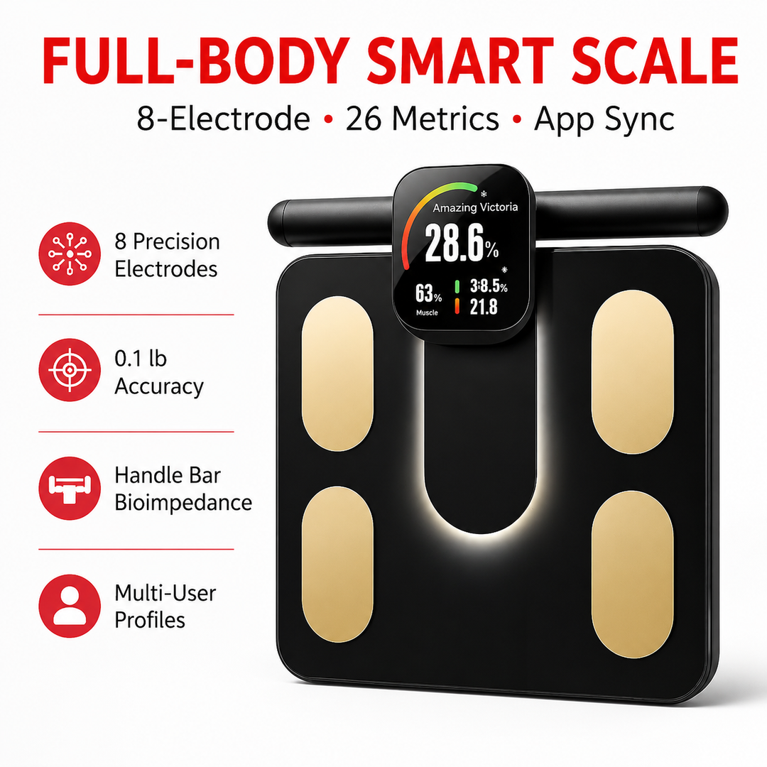 Premium Smart Body Composition Scale 8 Electrode Body Fat Analyzer Bioimpedance Digital Weight BMI Muscle Water Bone Mass Bluetooth App Home Use