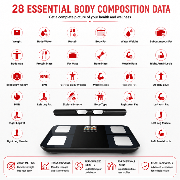 Premium Smart Body Composition Scale 8-Electrode Digital Body Fat Scale BMI Muscle Mass Visceral Fat App Tracking Handle Home Health Monitor Bluetooth