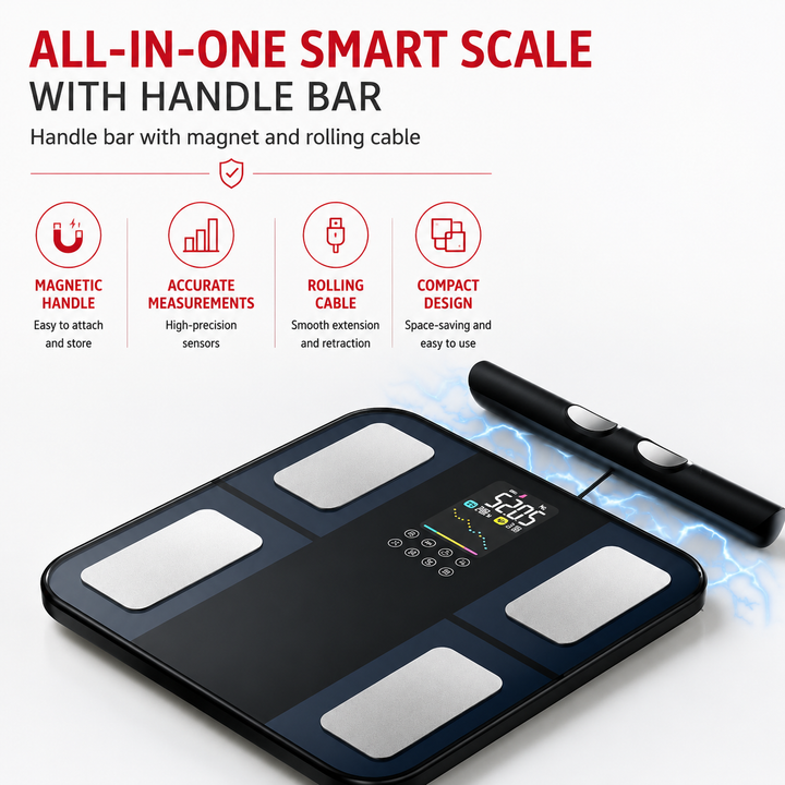 Premium Smart Body Composition Scale 8-Electrode Digital Body Fat Scale BMI Muscle Mass Visceral Fat App Tracking Handle Home Health Monitor Bluetooth