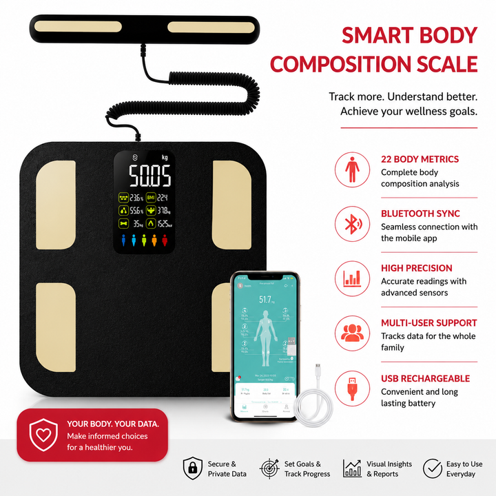 Premium Smart Body Composition Scale Digital Body Fat Weight BMI Muscle Mass Water Tracking Bluetooth Bioimpedance Health Analyzer Precision Scale