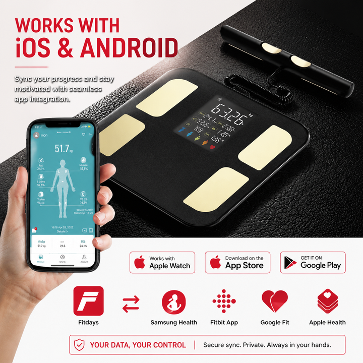 Premium Smart Body Composition Scale with Handle 400 lb Capacity 8 Electrode Segmental Fat Muscle Analyzer Bluetooth App Sync Full Body Composition Monitor