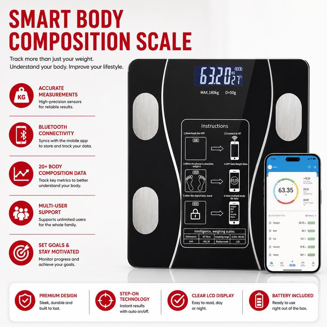 Premium Smart Body Fat Scale Bluetooth Digital Bathroom Scale LED Display Body Composition Analyzer BMI Weight Fat Muscle Water Bone Mass Tracking Smart Health Scale