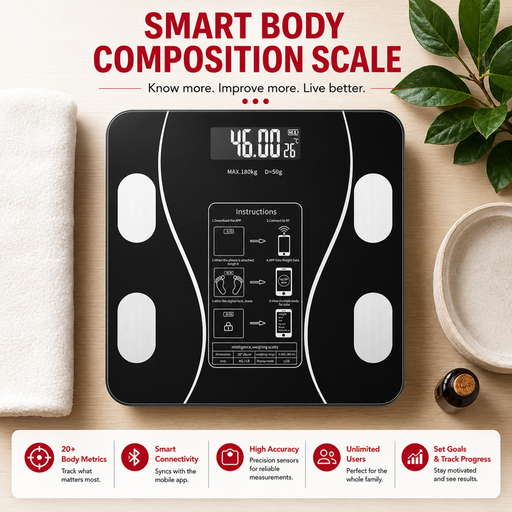 Premium Smart Body Fat Scale Bluetooth Digital Bathroom Scale LED Display Body Composition Analyzer BMI Weight Fat Muscle Water Bone Mass Tracking Smart Health Scale