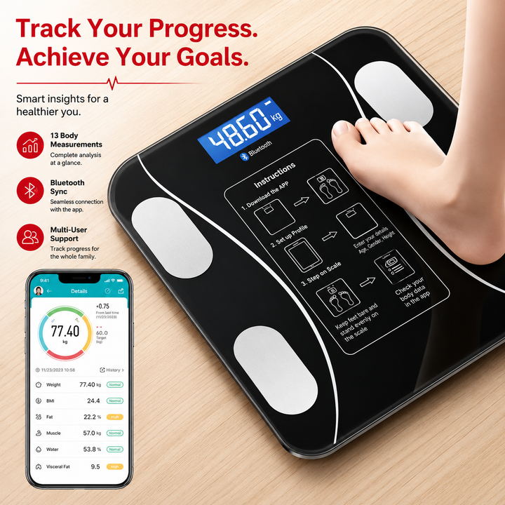 Premium Smart Body Fat Scale Bluetooth Digital Bathroom Scale LED Display Body Composition Analyzer BMI Weight Fat Muscle Water Bone Mass Tracking Smart Health Scale