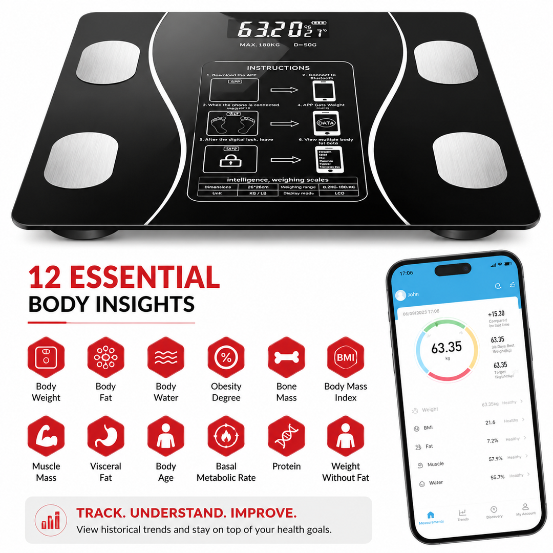 Premium Smart Body Fat Scale Bluetooth Digital Bathroom Scale LED Display Body Composition Analyzer BMI Weight Fat Muscle Water Bone Mass Tracking Smart Health Scale