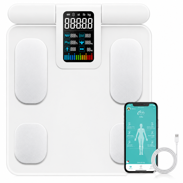 Premium Smart Body Fat Scale Digital Body Composition Scale Bluetooth BMI Tracker 180kg High Precision App Sync Rechargeable AAA Home Fitness Device